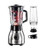 Russell Hobbs Standmixer Glas Steel 2-in-1, inkl. To-Go-Becher & Deckel, 1.5l Glasbehälter, Mixer 0.8 PS-Motor, Impuls-/Ice-Crush Funktion, mini Smoothie-Maker 23821-56 [Exklusiv bei Amazon]